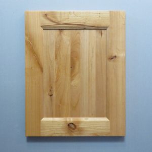 Knotty Alder, Solid Reversed Raised Flat Panel, Bevel Shaker Inside Profile, Natural